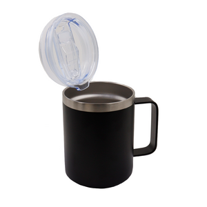 VASO/TAZA 350 mL PARA CAFÉ CON TAPA Y AGARRADERA EN ACERO INOXIDABLE PERSONALIZADO A LÁSER