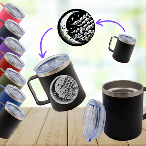 VASO/TAZA 350 mL PARA CAFÉ CON TAPA Y AGARRADERA EN ACERO INOXIDABLE PERSONALIZADO A LÁSER