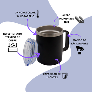 VASO/TAZA 350 mL PARA CAFÉ CON TAPA Y AGARRADERA EN ACERO INOXIDABLE PERSONALIZADO A LÁSER