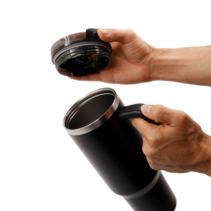 Termo/vaso con agarradera en acero inoxidable con pajita metálica personalizado a laser