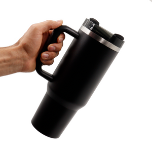 Termo/vaso con agarradera en acero inoxidable con pajita metálica personalizado a laser