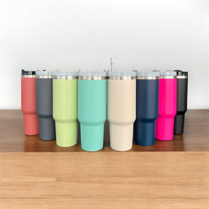 Termo/vaso con agarradera en acero inoxidable con pajita metálica personalizado a laser