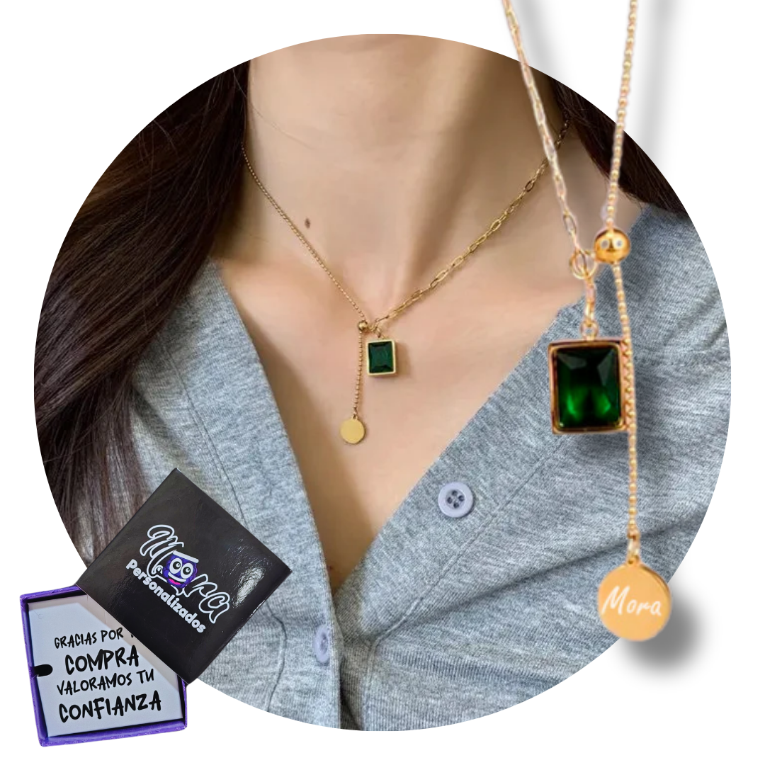COLLAR PIEDRA VERDE Y PLACA PERSONALIZADA A LÁSER