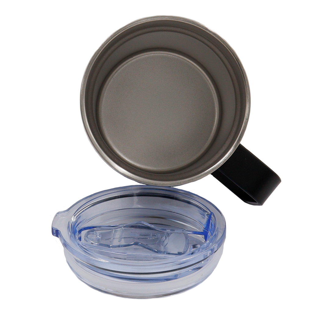 VASO/TAZA 350 mL PARA CAFÉ CON TAPA Y AGARRADERA EN ACERO INOXIDABLE PERSONALIZADO A LÁSER