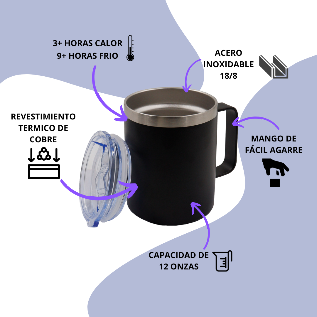 VASO/TAZA 350 mL PARA CAFÉ CON TAPA Y AGARRADERA EN ACERO INOXIDABLE PERSONALIZADO A LÁSER