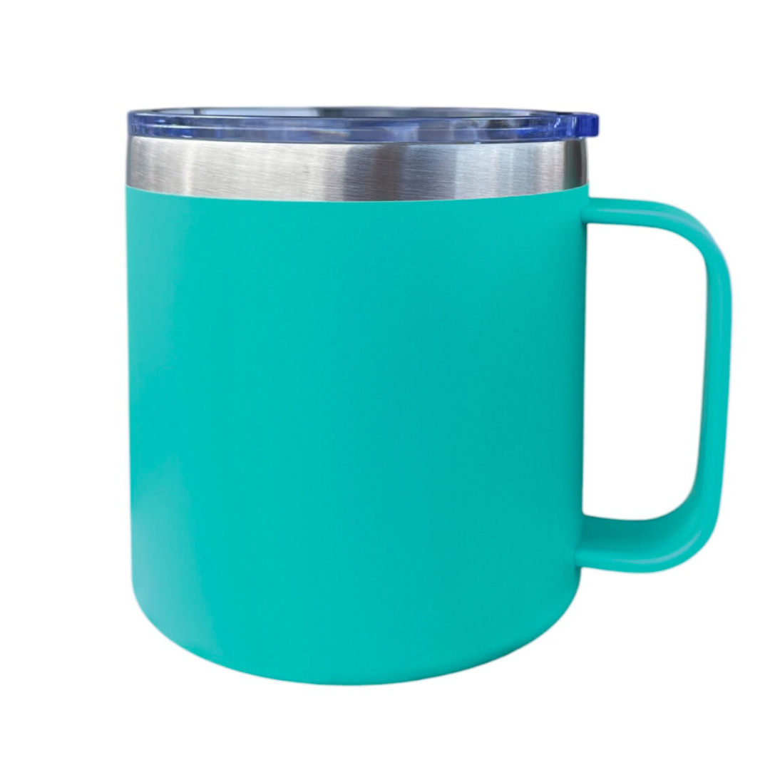 VASO/TAZA 415 ML PARA CAFÉ CON TAPA Y AGARRADERA EN ACERO INOXIDABLE PERSONALIZADO A LÁSER