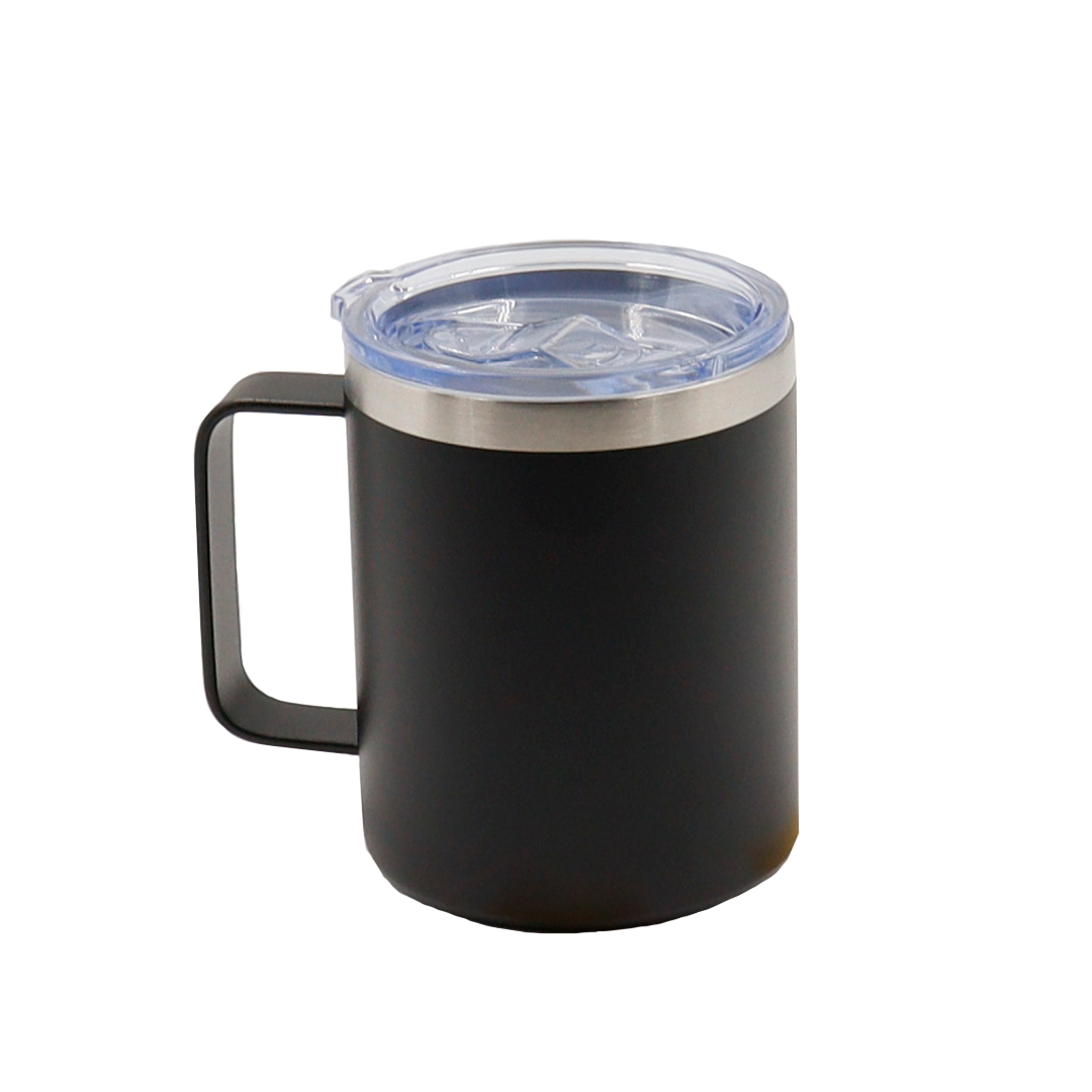 VASO/TAZA 350 mL PARA CAFÉ CON TAPA Y AGARRADERA EN ACERO INOXIDABLE PERSONALIZADO A LÁSER