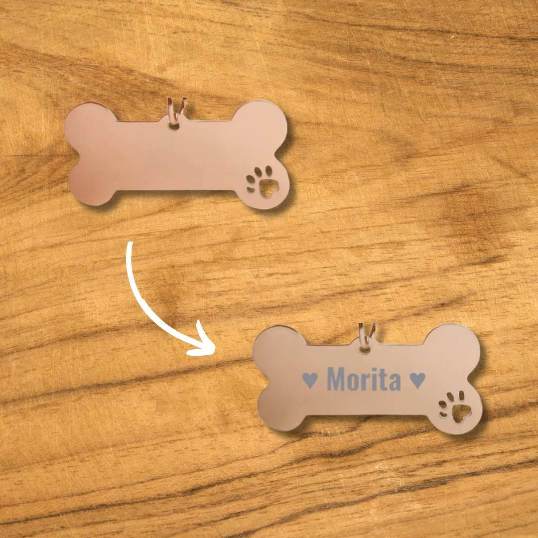Placa Mascota Hueso Pequeño con Huella Personalizado con Láser