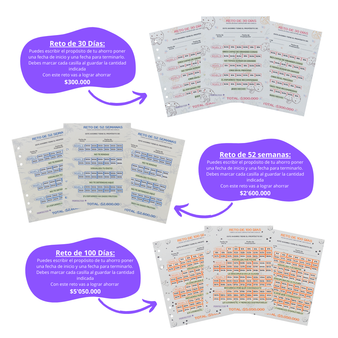 LIBRO DE RETO DE AHORRO (30 DÍAS, 100 DÍAS Y 52 SEMANAS)