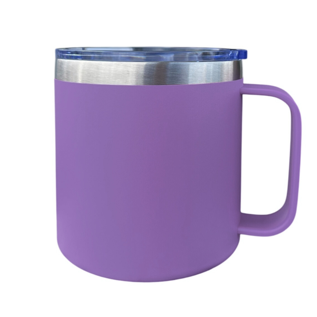 VASO/TAZA 415 ML PARA CAFÉ CON TAPA Y AGARRADERA EN ACERO INOXIDABLE PERSONALIZADO A LÁSER