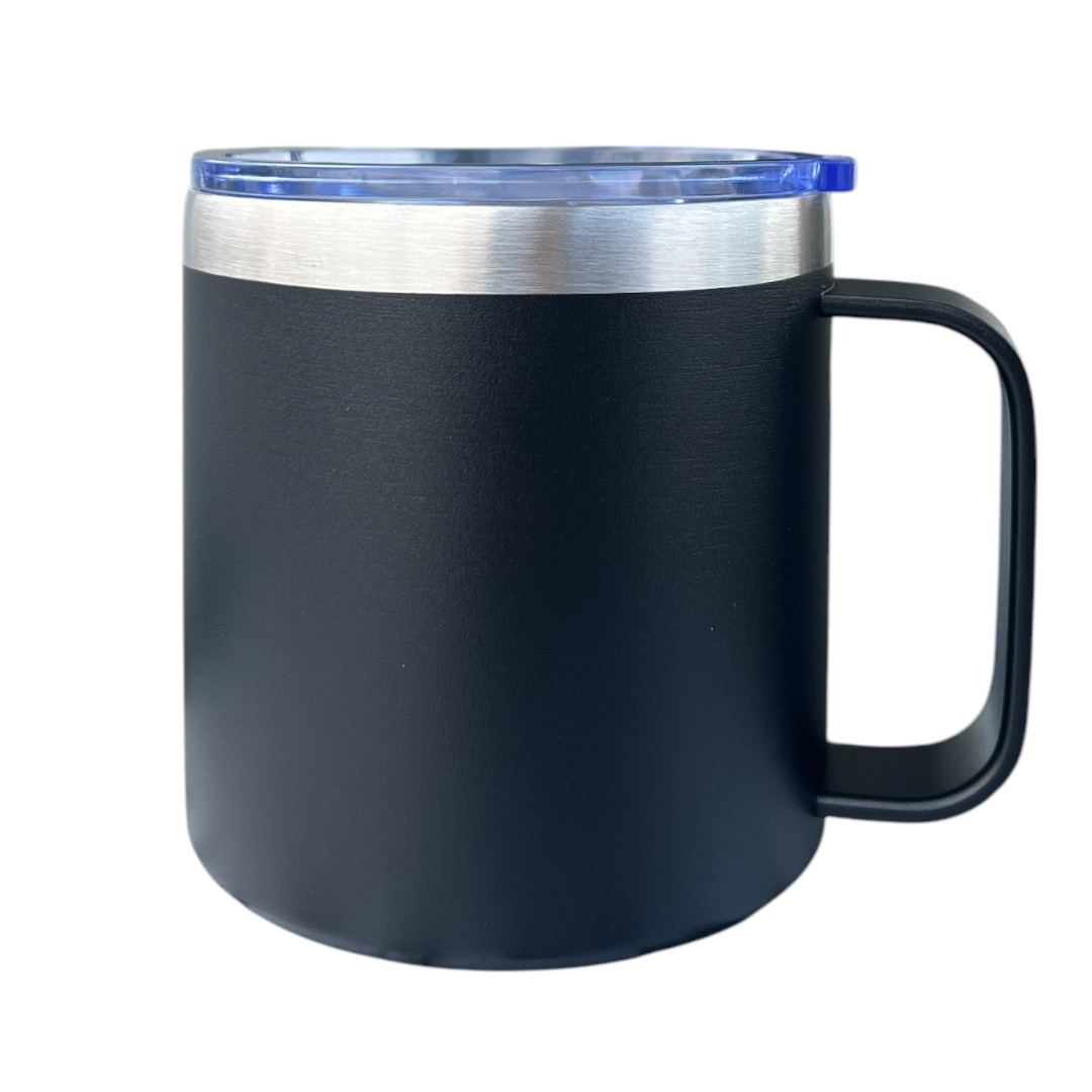 VASO/TAZA 415 ML PARA CAFÉ CON TAPA Y AGARRADERA EN ACERO INOXIDABLE PERSONALIZADO A LÁSER