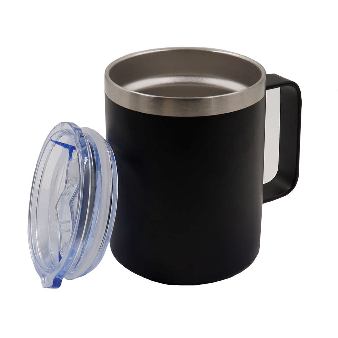 VASO/TAZA 350 mL PARA CAFÉ CON TAPA Y AGARRADERA EN ACERO INOXIDABLE PERSONALIZADO A LÁSER