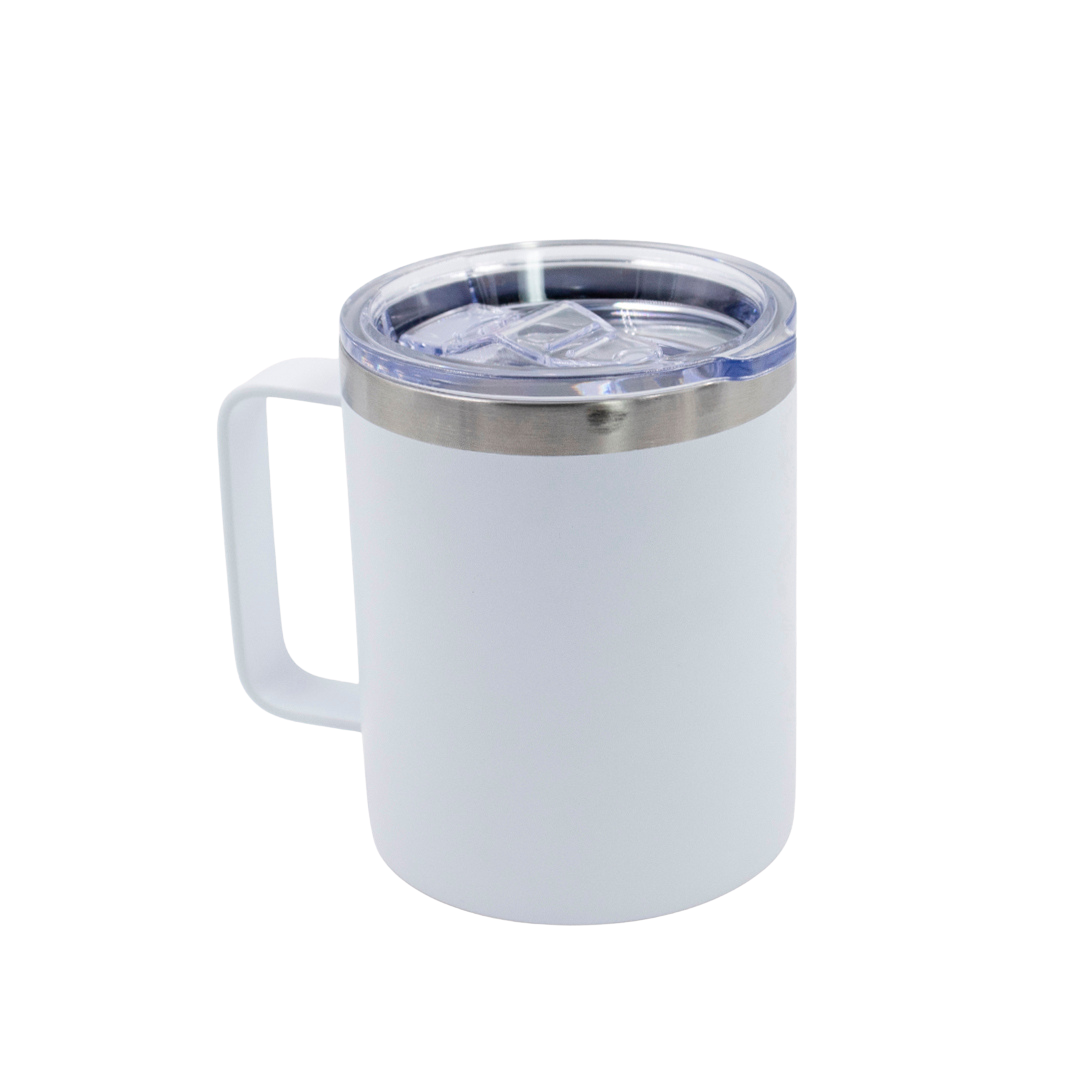VASO/TAZA 350 mL PARA CAFÉ CON TAPA Y AGARRADERA EN ACERO INOXIDABLE PERSONALIZADO A LÁSER