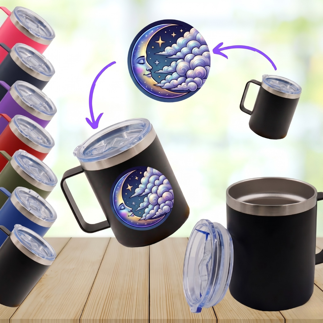 FULL COLOR VASO/TAZA 350 mL PARA CAFÉ CON TAPA Y AGARRADERA EN ACERO INOXIDABLE PERSONALIZADO A FULL COLOR