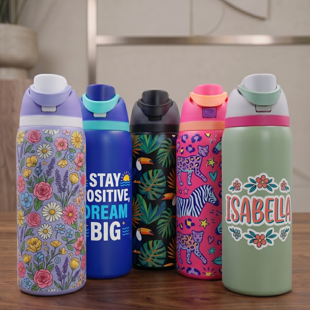 FULL COLOR - TERMO 950 mL EN ACERO INOXIDABLE CON BOQUILLA ANTIARRUGAS PERSONALIZADO FULL COLOR DTF UV