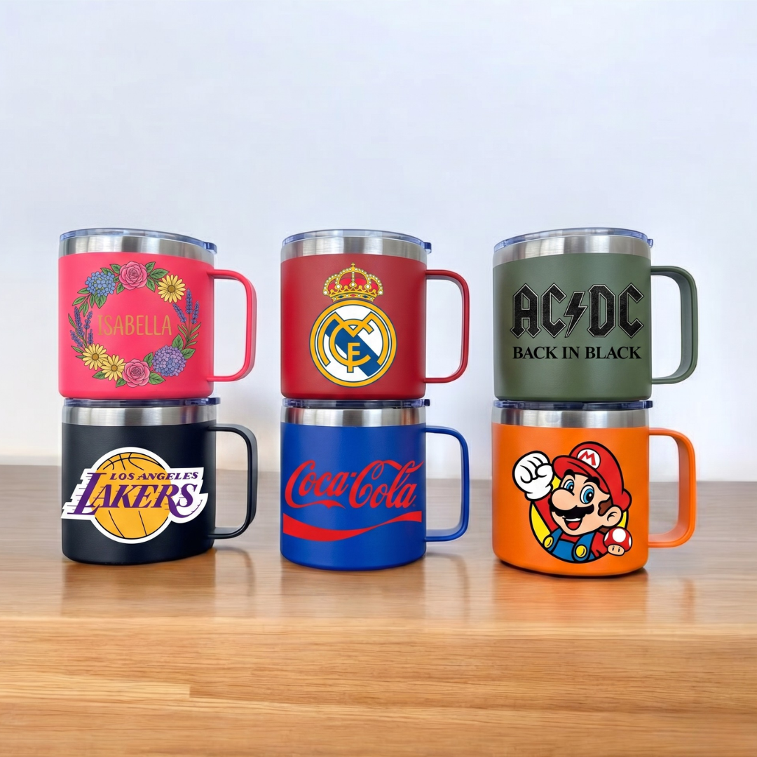 FULL COLOR VASO/TAZA 415 ML PARA CAFÉ CON TAPA Y AGARRADERA EN ACERO INOXIDABLE PERSONALIZADO FULL COLOR