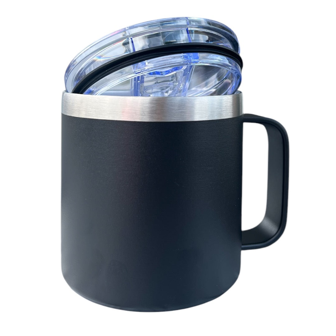 VASO/TAZA 415 ML PARA CAFÉ CON TAPA Y AGARRADERA EN ACERO INOXIDABLE PERSONALIZADO A LÁSER