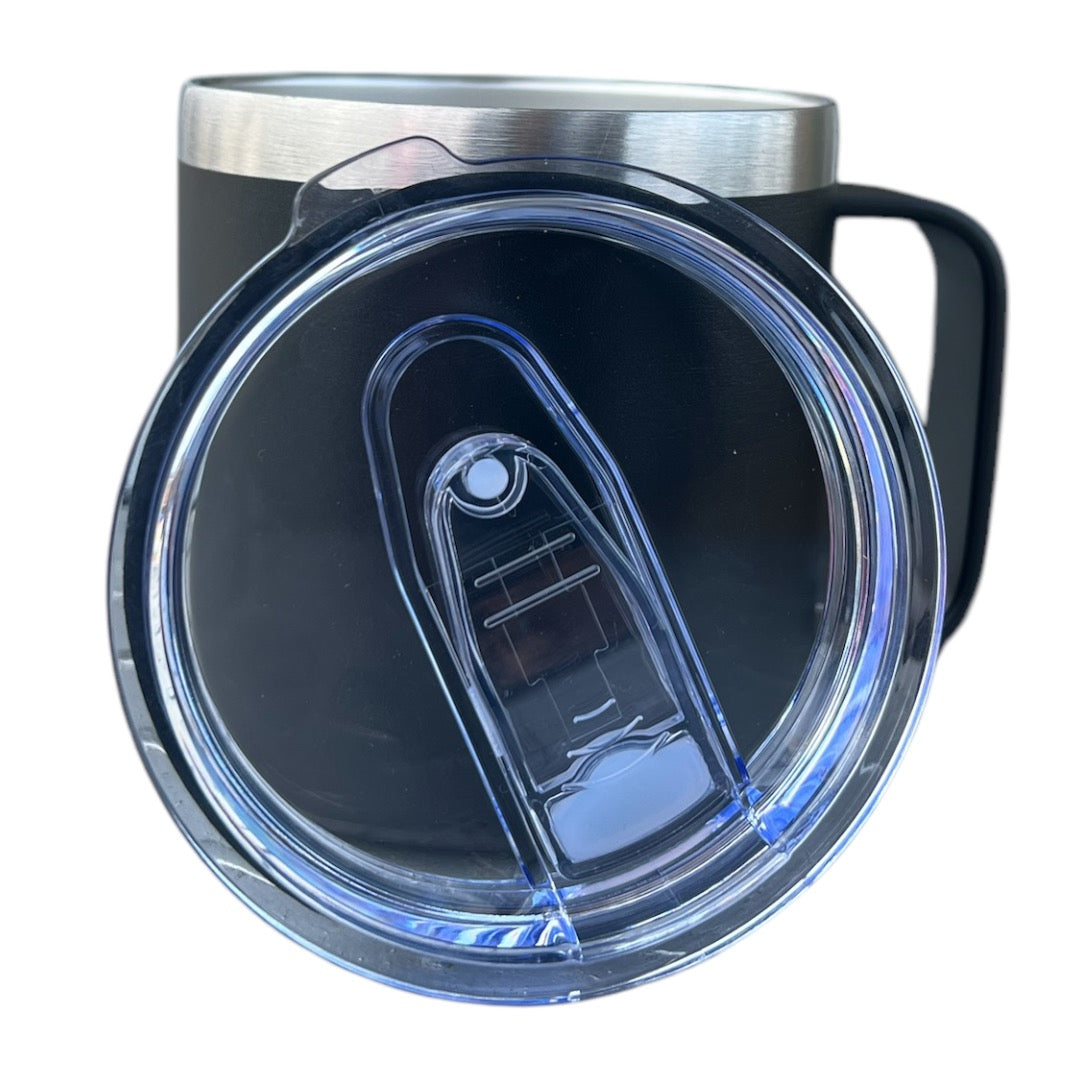 VASO/TAZA 415 ML PARA CAFÉ CON TAPA Y AGARRADERA EN ACERO INOXIDABLE PERSONALIZADO A LÁSER