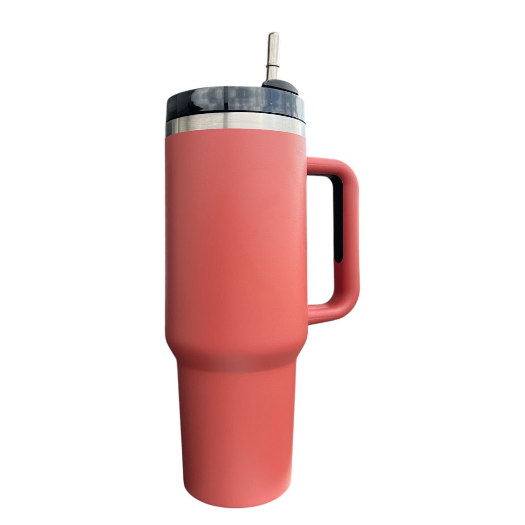 Termo/vaso con agarradera en acero inoxidable con pajita metálica personalizado a laser