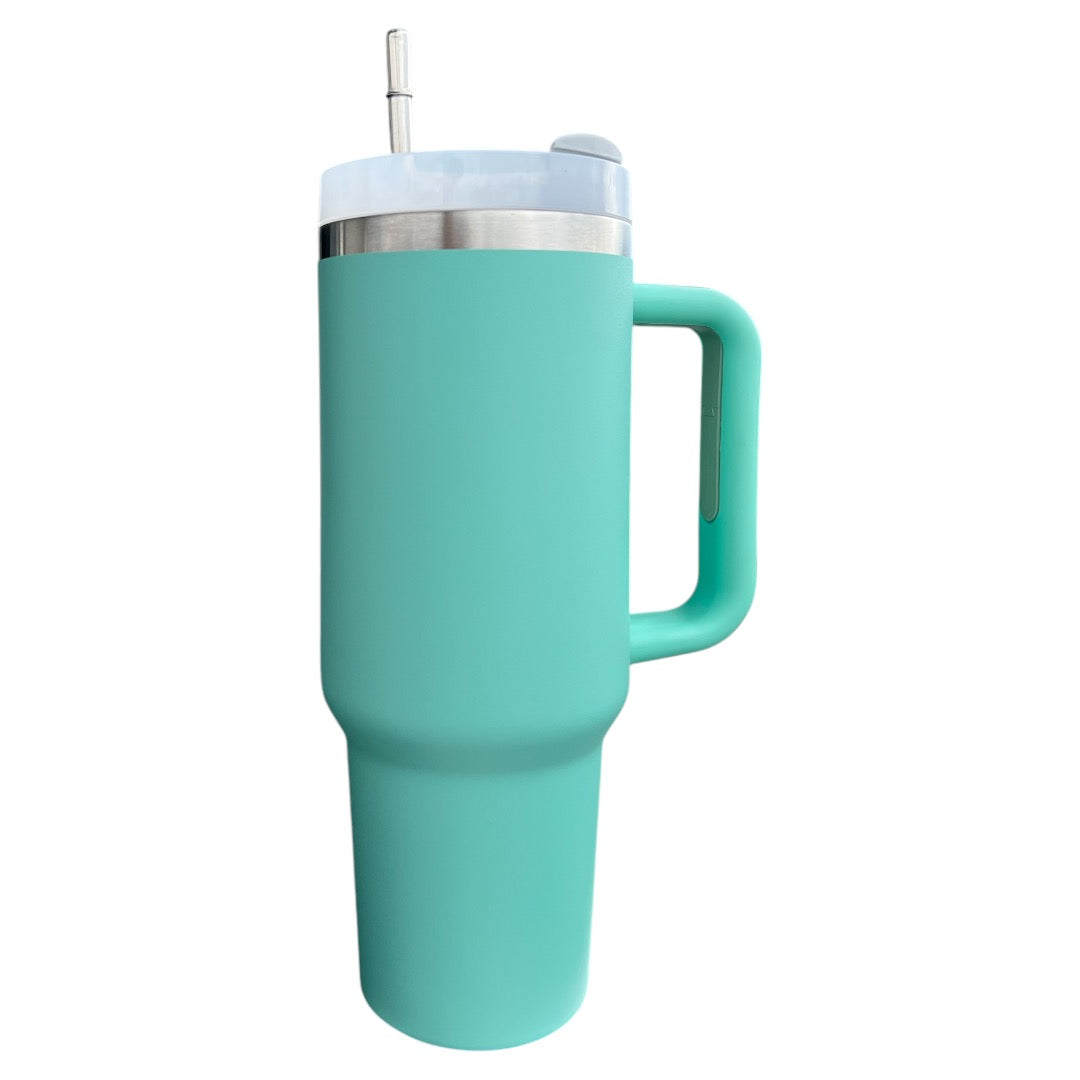 Termo/vaso con agarradera en acero inoxidable con pajita metálica personalizado a laser