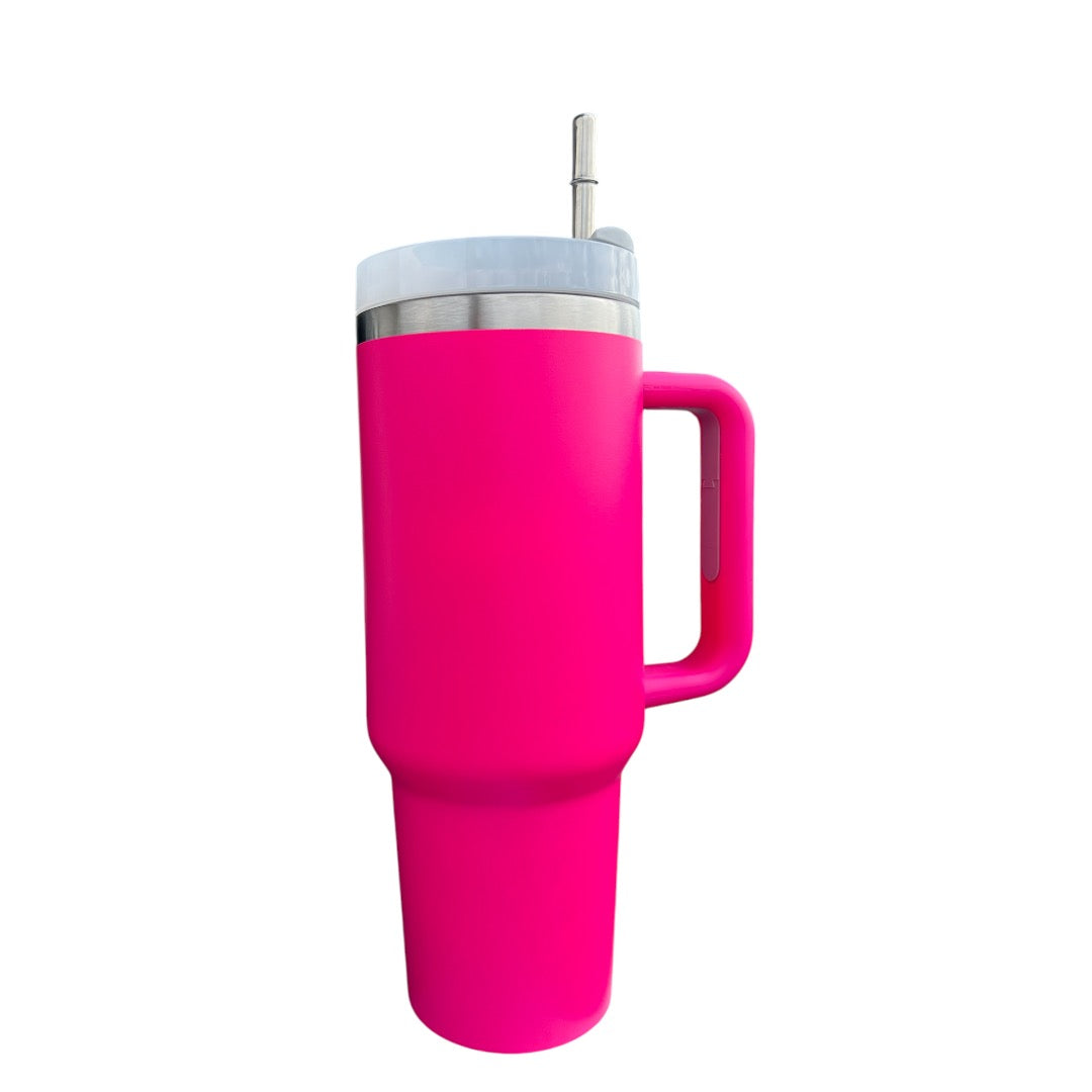 Termo/vaso con agarradera en acero inoxidable con pajita metálica personalizado a laser